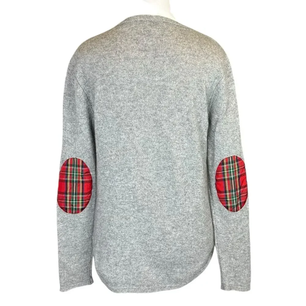 Two Bees Cashmere Wool Blend Sweater Size Large Gray Red Plaid Elbow Patches - Picture 2 of 7